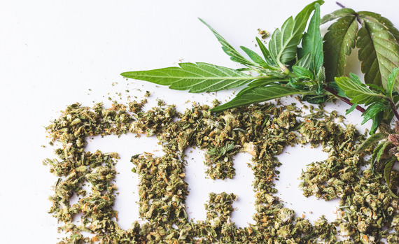 THC Acronym In Marijuana Shake With Cannabis Leafs On White Background