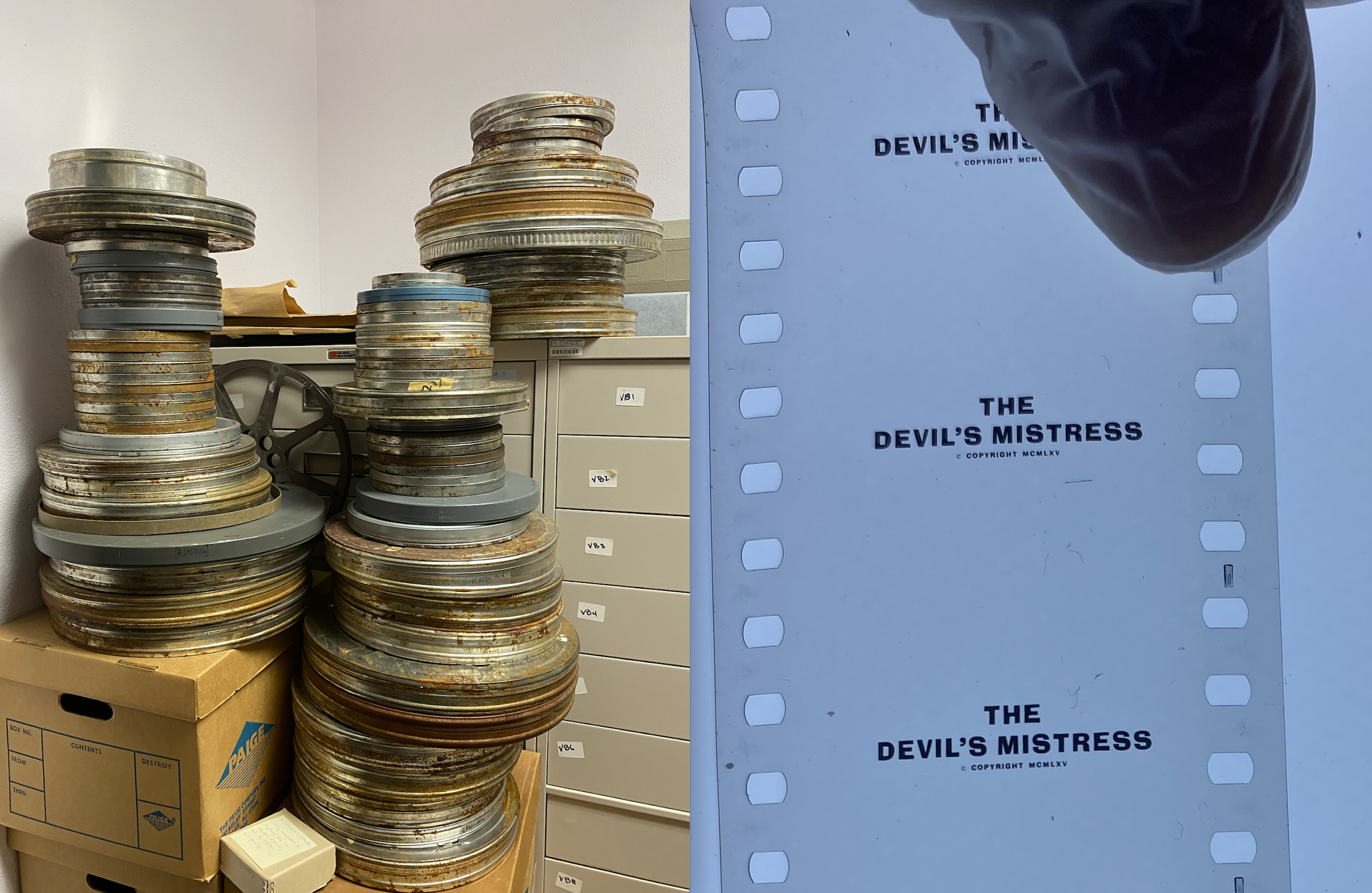 Left: Cans of film from the Wanzer Collection in NMSU’s Rio Grande Historical Collections. Right: Julia Smith wears gloves while reviewing a film strip of “The Devils Mistress.” (Courtesy photo)