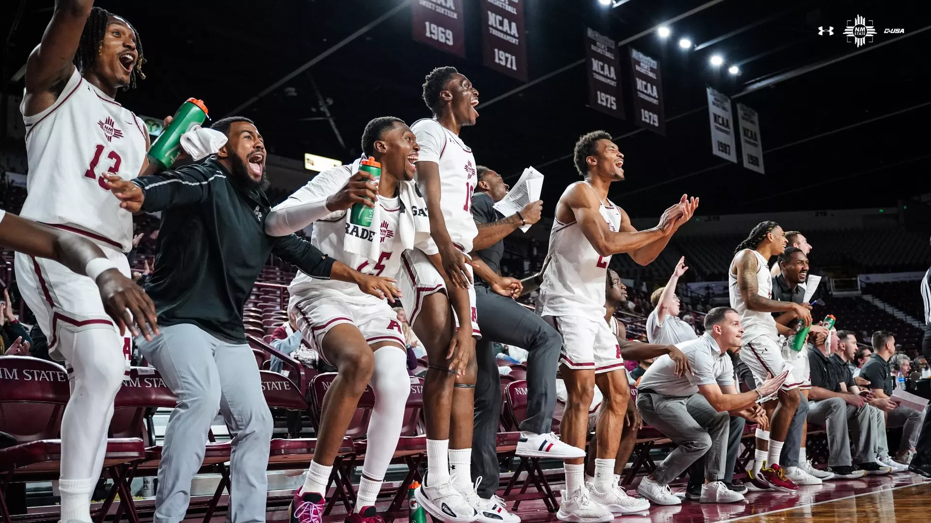 LAS CRUCES, N.M. – Returning to the Pan American Center following a Monday night showdown with Southern Utah, NM State (6-6, 0-0 CUSA) played host to Northern New Mexico (4-16, 0-0 CAC), for the second home matchup in a five-game homestand. Taking care of the visiting Eagles 87-50 with a balanced scoring punch, the Aggies tallied back-to-back wins for the first time since opening the season 4-0. NM State leading scorer Christian Cook opened the game on fire Monday night, putting in a quick eight points in the first 90 seconds of the contest, sparking a 13-0 home lead after a pair of 3-pointers. To finally break the scoring drought for Northern New Mexico, Malek Malual converted on a crafty layup around the rim, making the score 13-2 with 17:32 left in the half. After Northern New Mexico cracked the scoreboard, the Eagles found a groove offensively, cutting the Aggie lead below double-digits for the first time since the 18:30 mark. This would be short-lived, as NM State ratcheted up the intensity, closing the first half with a blistering 21-4 run. During the scoring streak, freshman Gabe Pickens picked up a steal and layup, while fellow guard Dionte Bostick snatched a steal and put in an emphatic two-handed jam on the ensuing possession to give life to the Panamaniacs on a brisk Thursday night. At the break, the Crimson & White had already led the contest for 19 minutes and 41 seconds - tied at 0-0 for the opening 19 ticks of game action. In half one, 11 different Aggies saw game time, with eight putting in points. Much like the first half, the Aggies recorded a strong start as the Kaposvar, Hungary, native Peter Filipovity converted on a smooth up-and-under move down low to give him his 10th point on the night. The bucket kick started another imposing run from NM State, with six different Aggies scoring during a 21-9 spurt over the opening eight minutes of the second stanza. During the closing stretch of Thursday's contest, Aggie bench boss Jason Hooten subbed in graduate foward Christopher Biekeu - his first game since suffering a season-ending injury in 2023 - and junior guard Azavier Johnson, making his own NM State debut. As the final buzzer sounded, the Aggies came away with an 87-50 victory from the Pan American Center. With back-to-back wins this weekend, the Aggies recorded their first winning streak since a 4-0 start to the 2024-25 campaign. After a Christmas break filled with love and joy, the Aggies take their talents back to Las Cruces for a date with University of the Southwest on Dec. 28 - the last non-conference game for NM State before the start of conference play. NUMBERS OF NOTE Graduate forward Peter Filipovity led the Aggies on the boards, totalling 10 rebounds to pace the Aggies while adding 12 points for his third double-double of the season. Five Aggies posted 10+ points in the win over Northern New Mexico, including Christian Cook, Peter Filipovity, Dionte Bostick and Zawdie Jackson. This is the third game of the season accomplishing this feat. NM State recorded 16 steals on the night, led by a game-high of three by Aggie guards Bostick and Jackson. This becomes the most in a single-game this season, eclipsing 15 swipes against New Mexico Highlands in the season opener. Outscoring the Eagles by 37 points, the Aggies secured their first win of 35 or more points since defeating University of the Southwest 84-49 on Nov. 28, 2023. Northern New Mexico struggled beyond the arc in the first half, failing to record a 3-pointer on four attempts. The Eagles finished the night 4-for-12 from three-point range, the fewest triples allowed by the Aggies this season. Emmanuel Tshimanga posted his second game with 10 or more rebounds this season. Along with his brother Nate, the brothers have tallied double-digit rebounds in five of the Aggies' 12 games this season. For complete coverage of NM State Men's Basketball, visit NMStateSports.com - the official home of Aggie athletics - and follow us on Twitter (@NMStateMBB), Instagram (@NMStateMBB), and like us on Facebook (NMStateMBB).