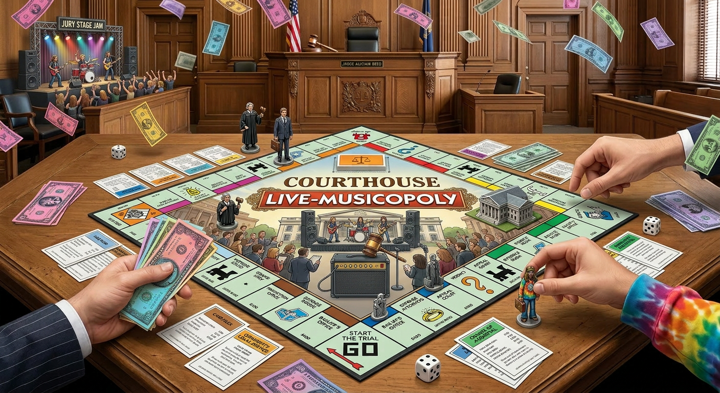 Rock & Roll Monopoly board game with music-themed properties and players rolling dice