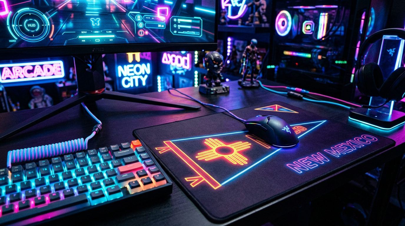 Gaming desk with RGB keyboard, mouse on New Mexico mousepad, neon signs and PC setup