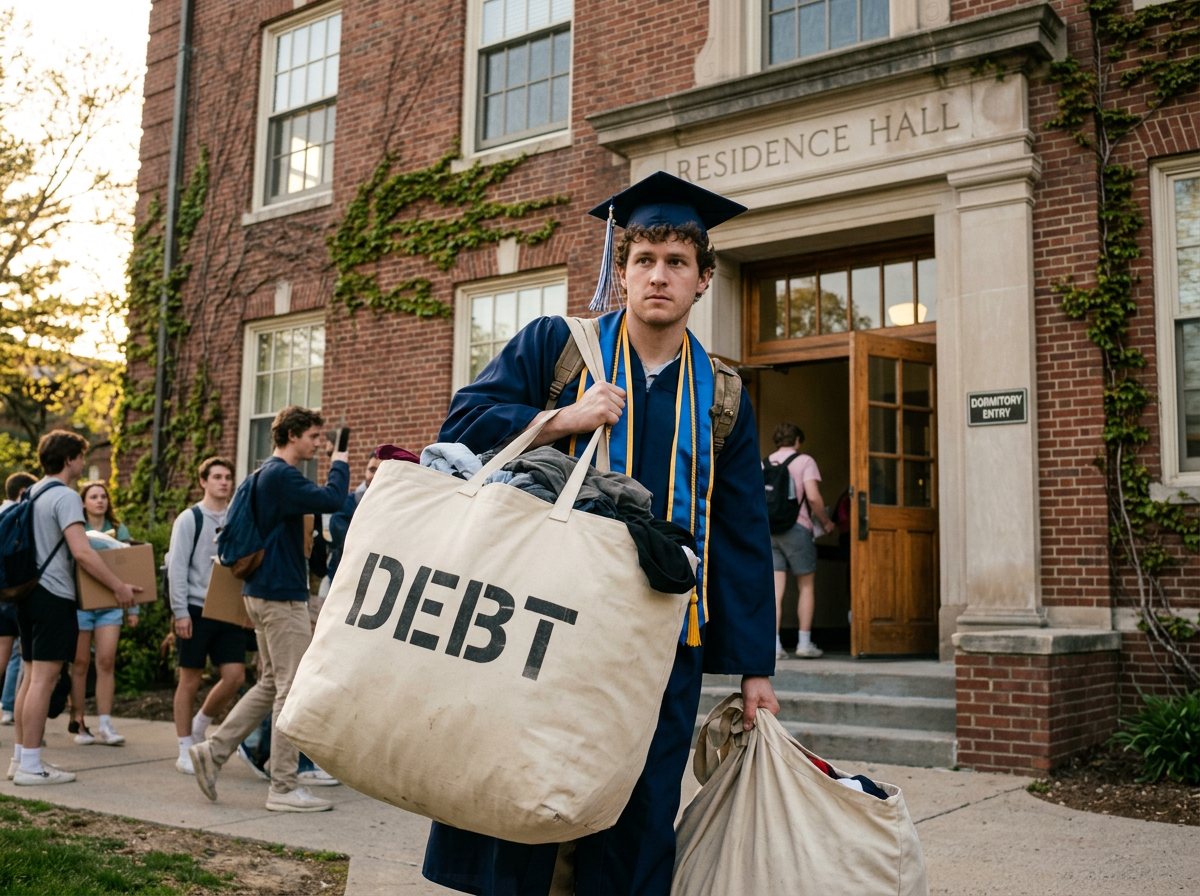 Graduate in cap and gown carrying large bags with the word DEBT outside a residence hall