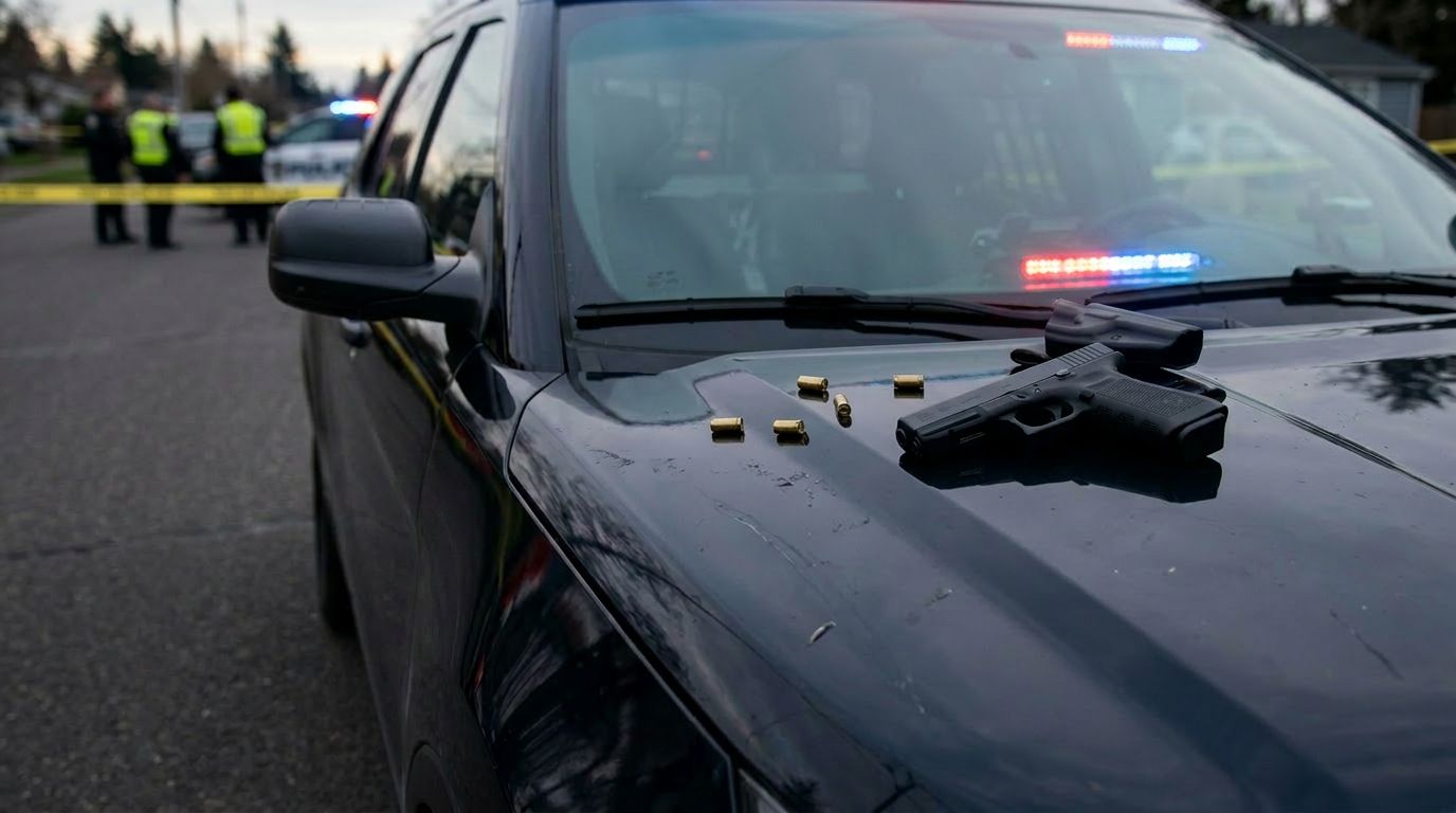 Handgun and bullet casings on police car hood with officers and police tape in background
