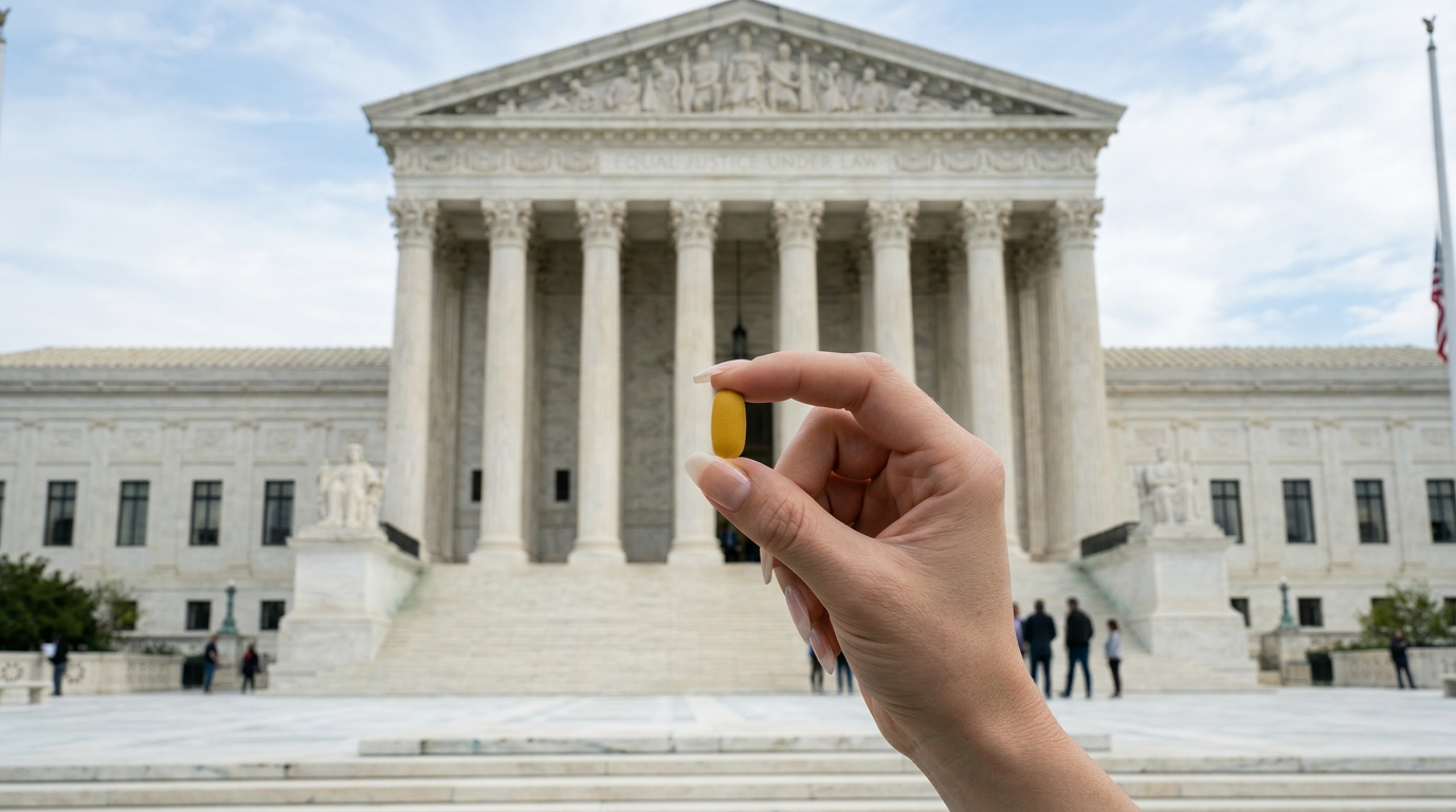 Hand holding an oblong beige pill in front of courthouse with columns