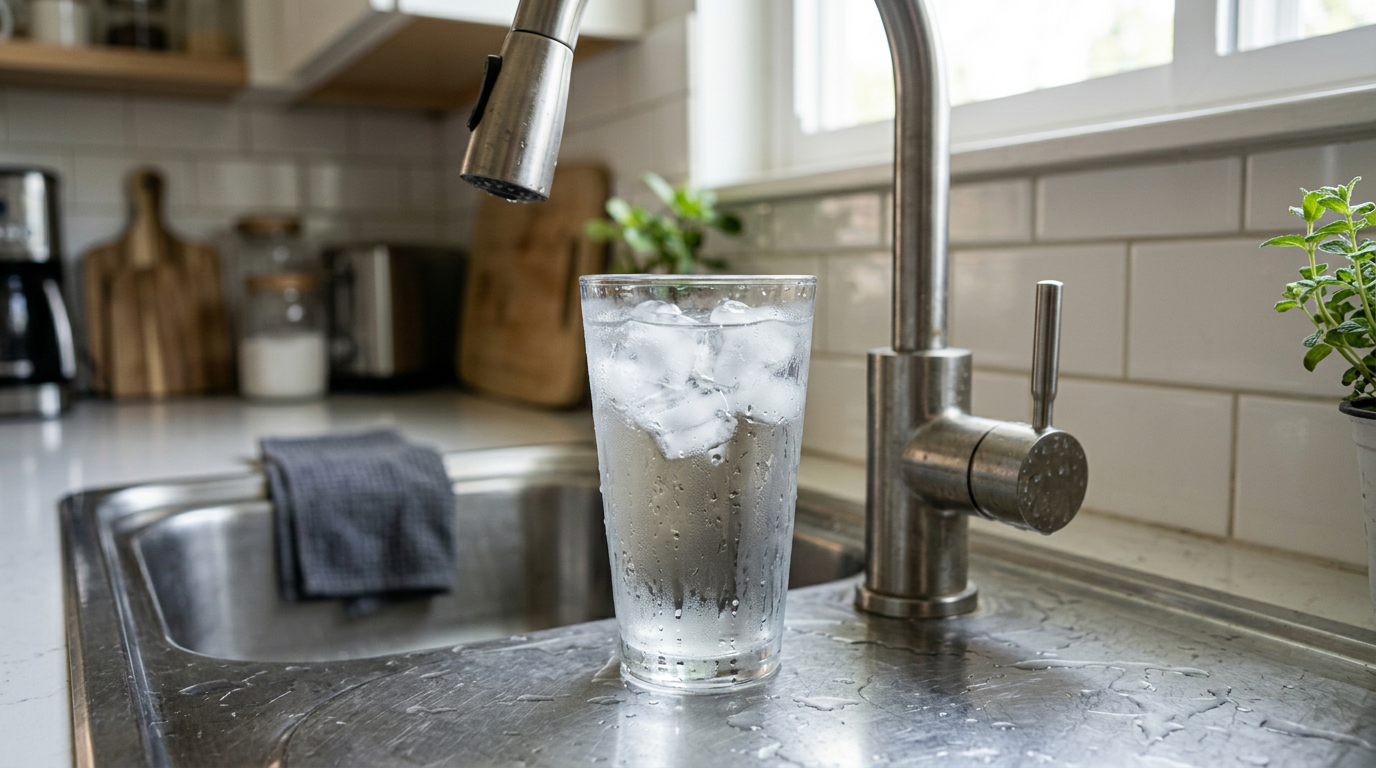 Glass of ice and cold water with condensation on countertop near kitchen faucet