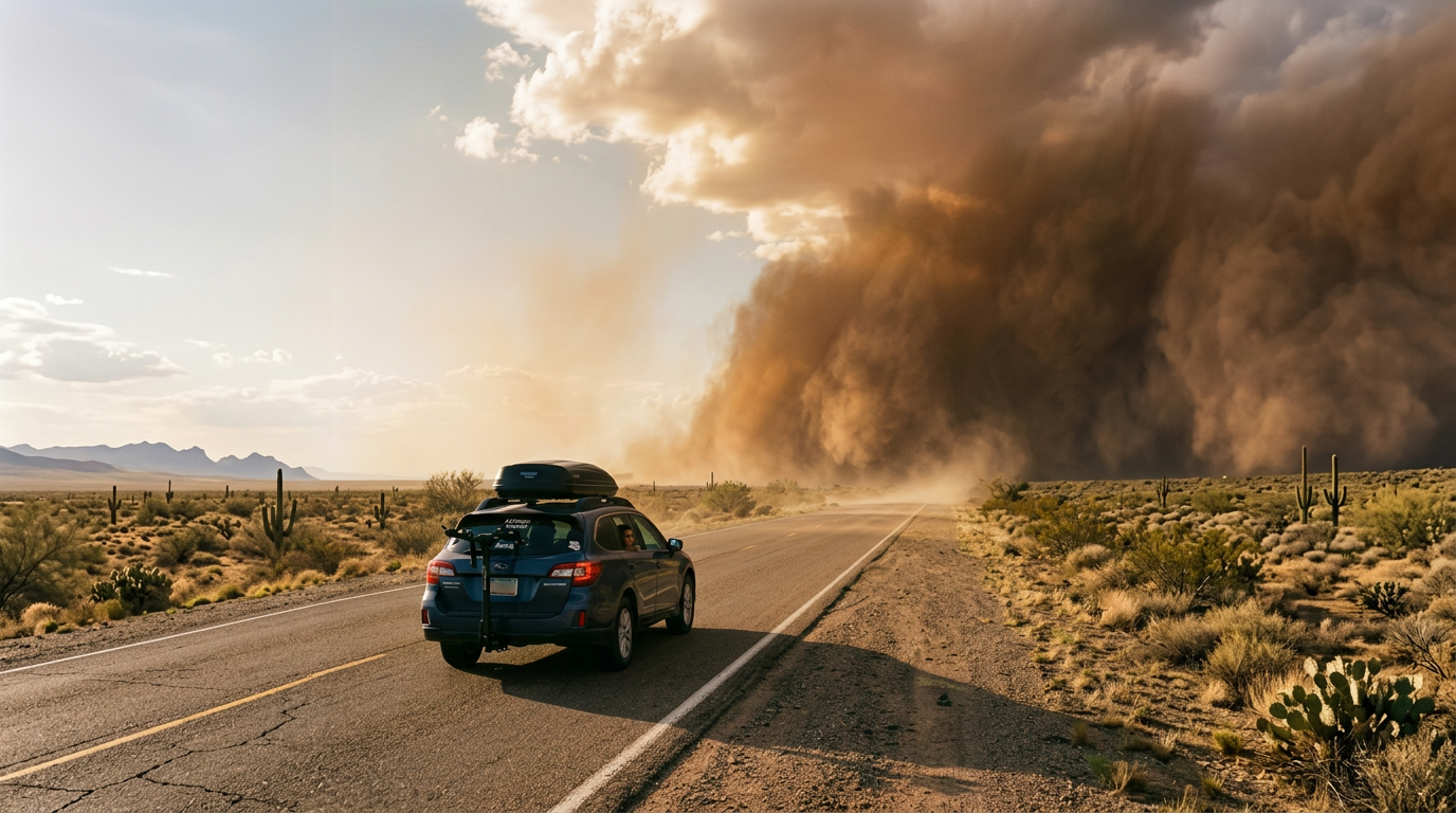 Blue SUV driving on a desert road approaching a large dust storm.