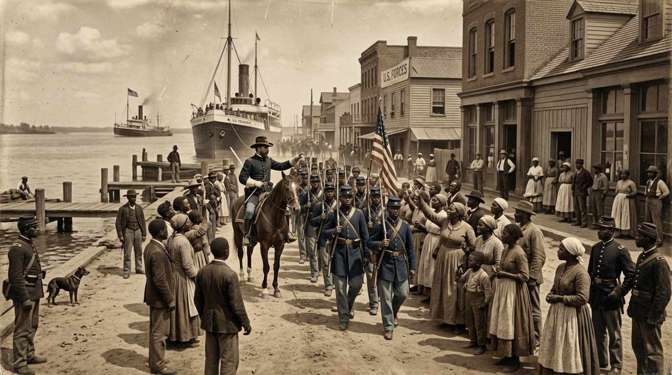 African American soldiers in blue uniforms marching with rifles and a flag, led by an officer on horseback, passing townspeople cheering on both sides