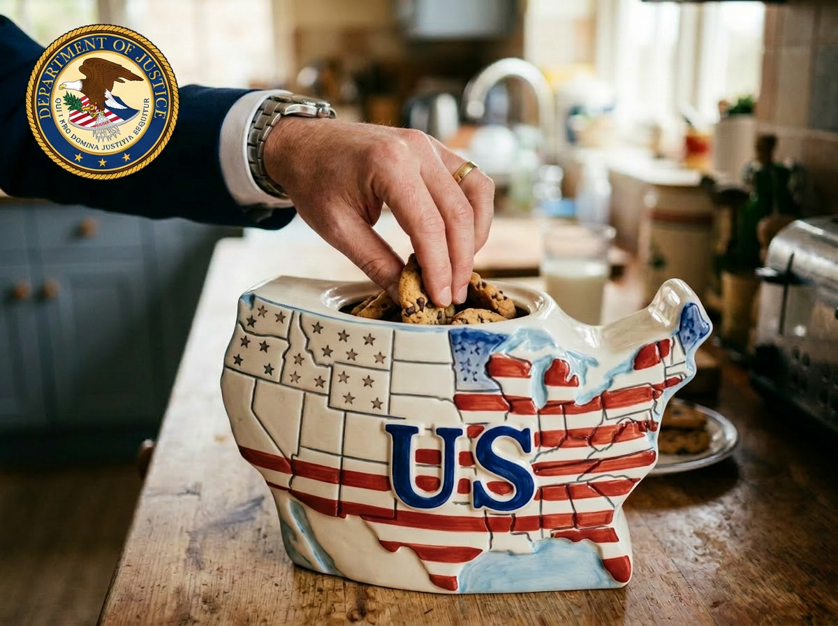 Man in a blue suit taking cookie from a cookie jar with US flag design on kitchen counter