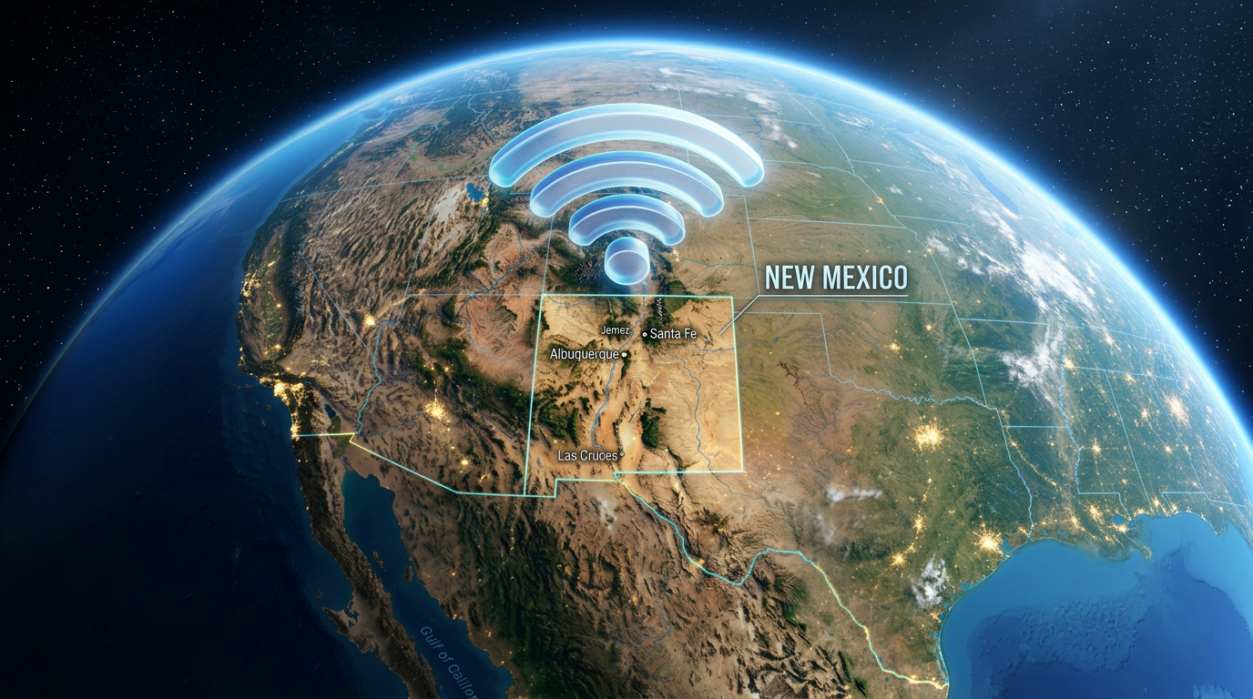 Satellite view of New Mexico with wireless signal icon and city labels