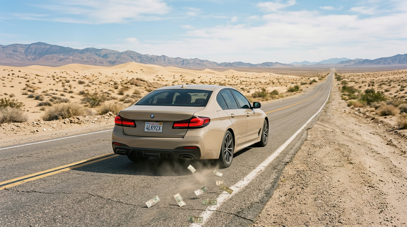 Beige SUV driving on desert road with scattered dollar bills falling from rear