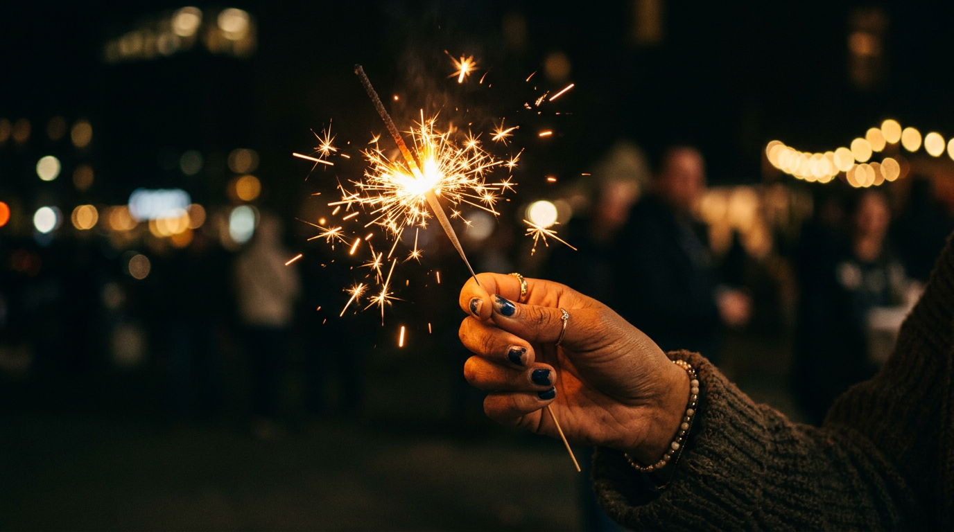 A hand holding a lit sparkler emitting bright sparks in the dark