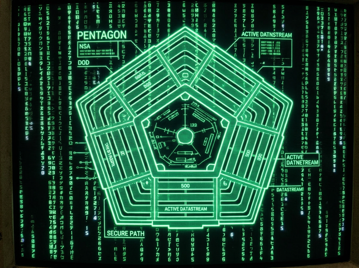 Sony Trinitron monitor displaying a green digital schematic of the Pentagon with data streams and labels