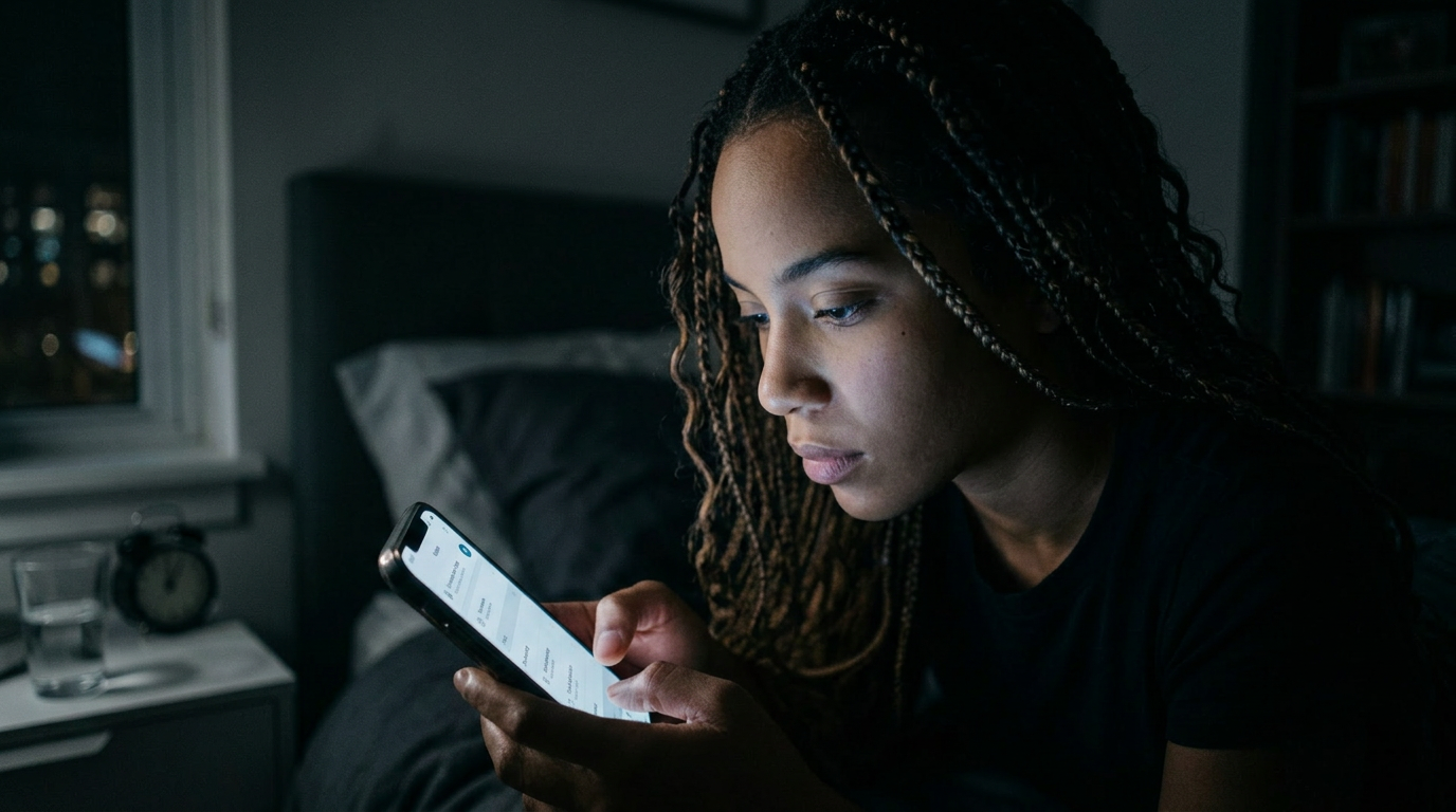 Person reading smartphone screen in dark room with focused expression