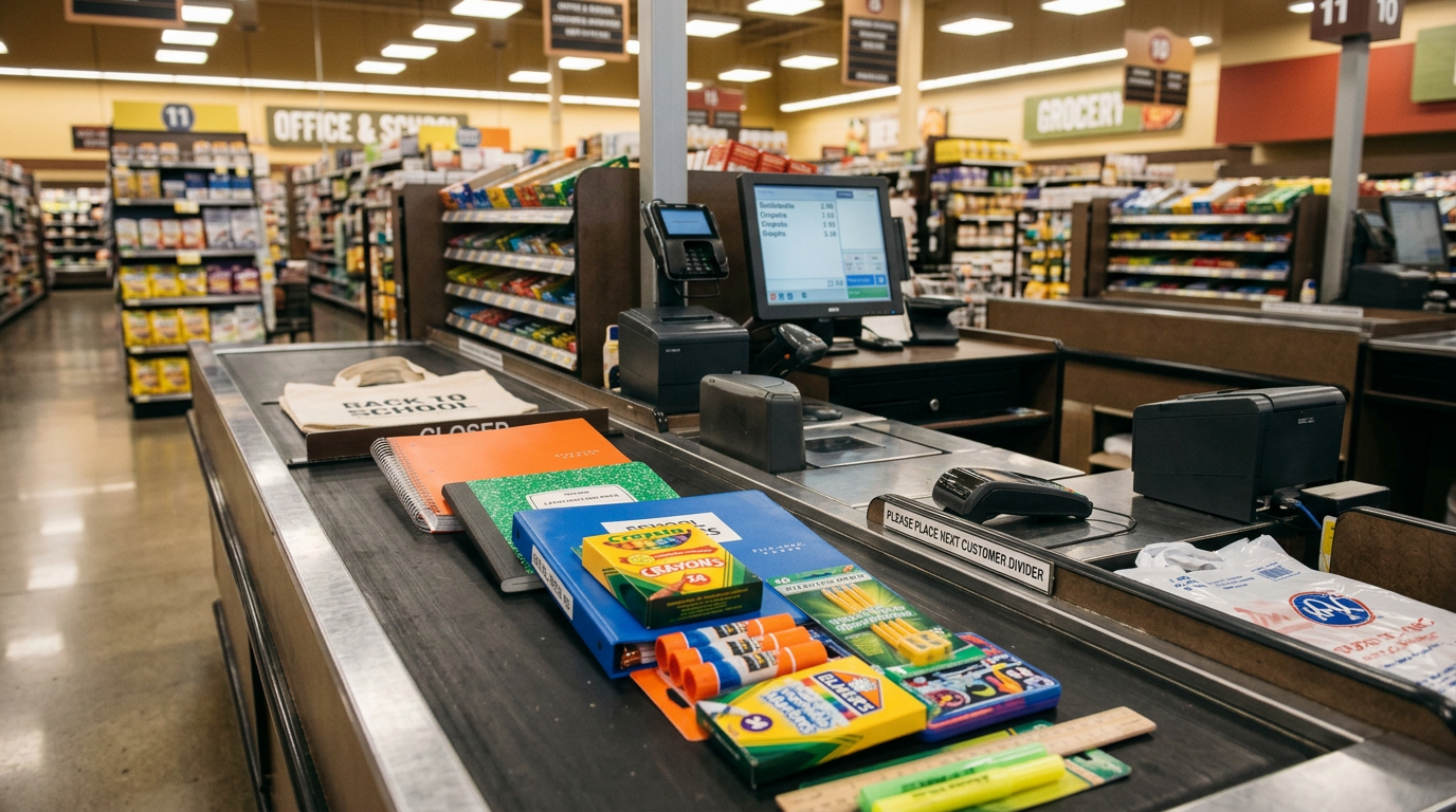 Cashier scanning notebooks and school supplies at grocery store checkout