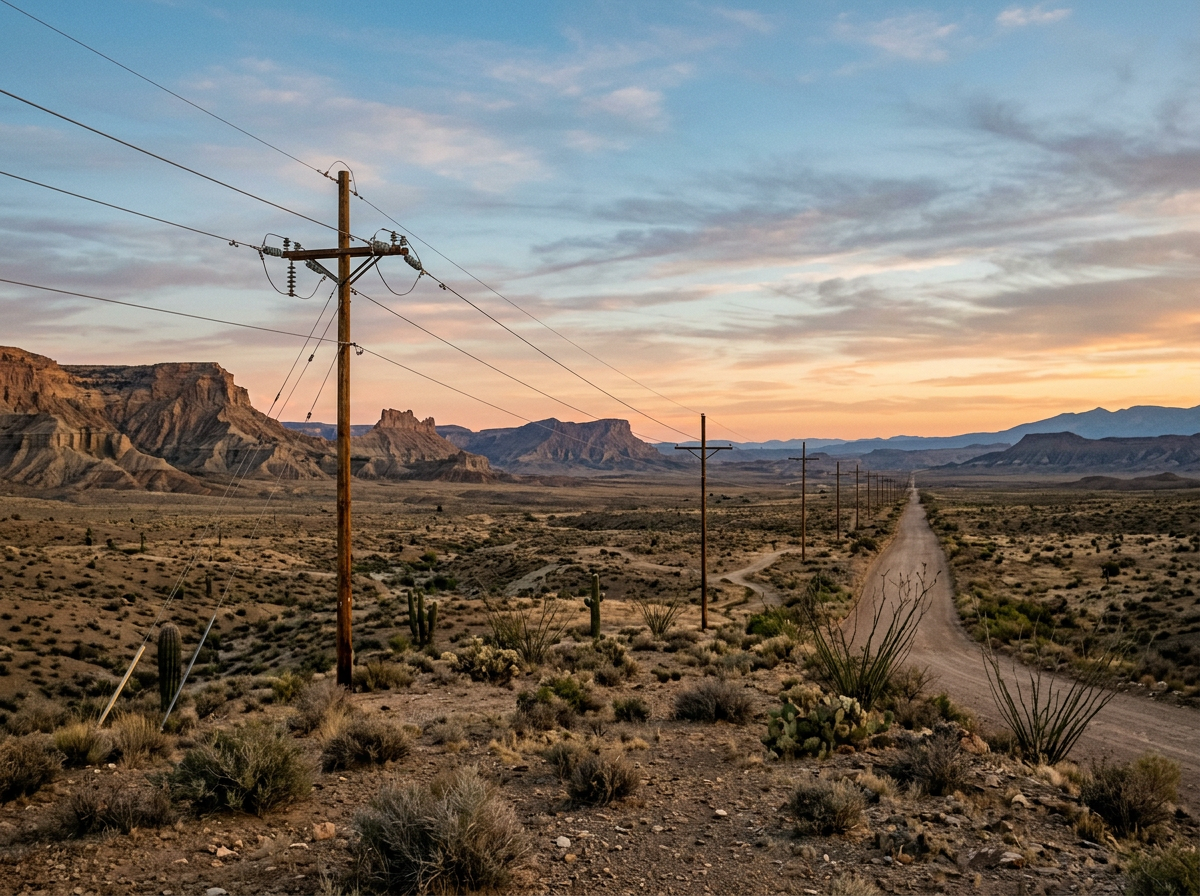 Remote desert road with utility poles, cacti, and rugged mesas at sunset