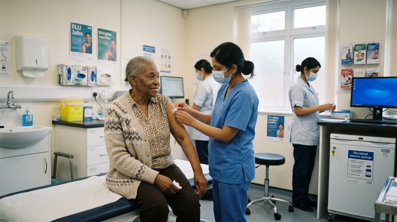 Healthcare worker administering a flu vaccine to an older patient