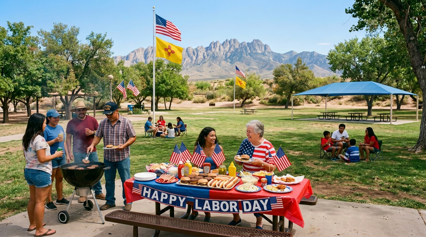 Crowded Labor Day picnic with American flags, barbecue, and mountains